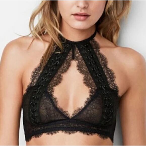 Victoria's Secret Very Sexy Chantilly Lace High Neck Halter Bralette Black Small - Picture 1 of 7